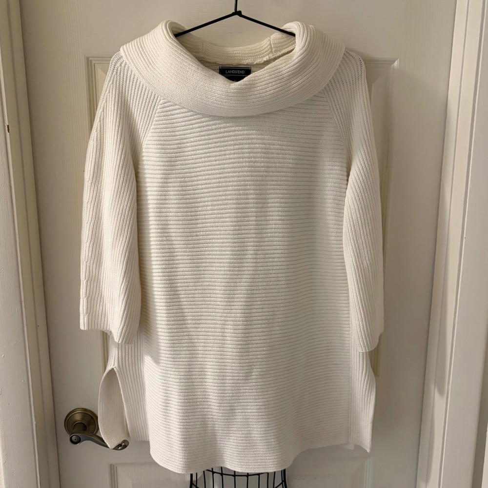 Lands' End XL 18 Ivory 100% Cotton Rib Knit Cowl Neck 3/4 Sleeve Drifter Sweater